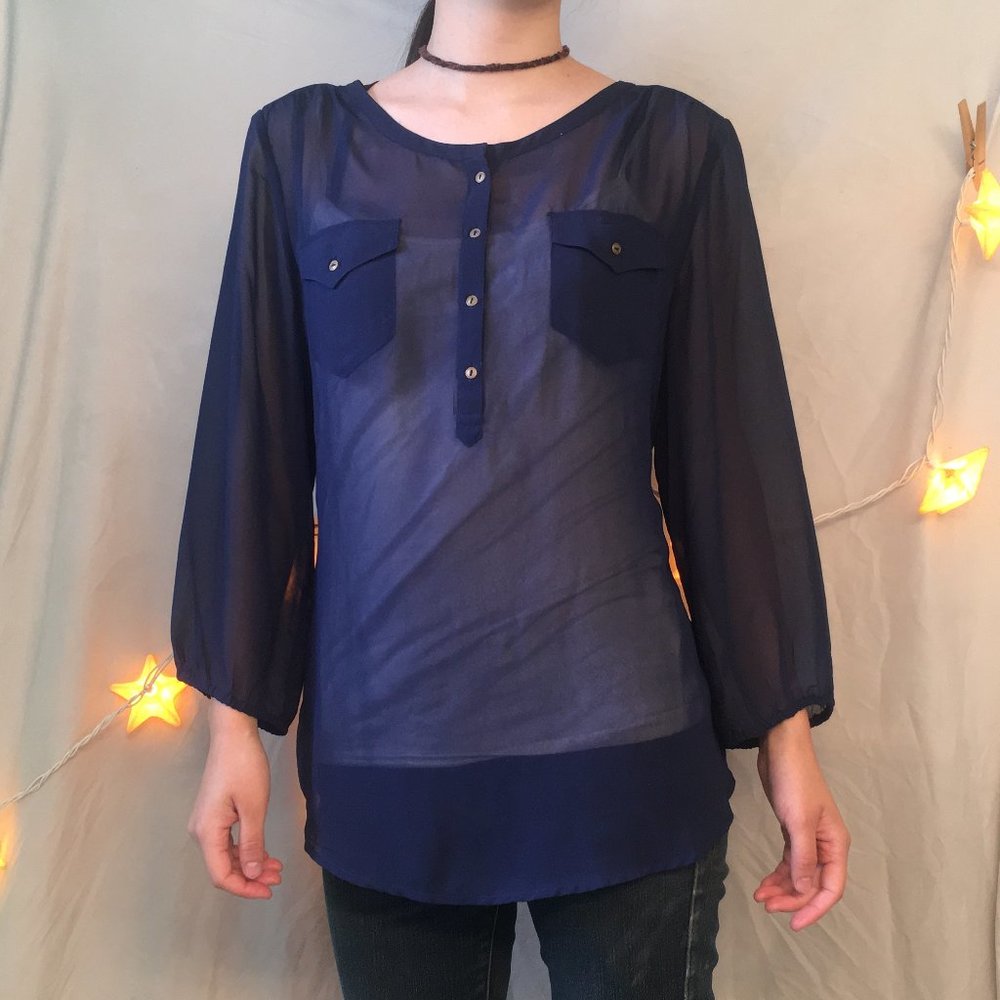 Nine West Sheer Navy Blue Button Down Blouse